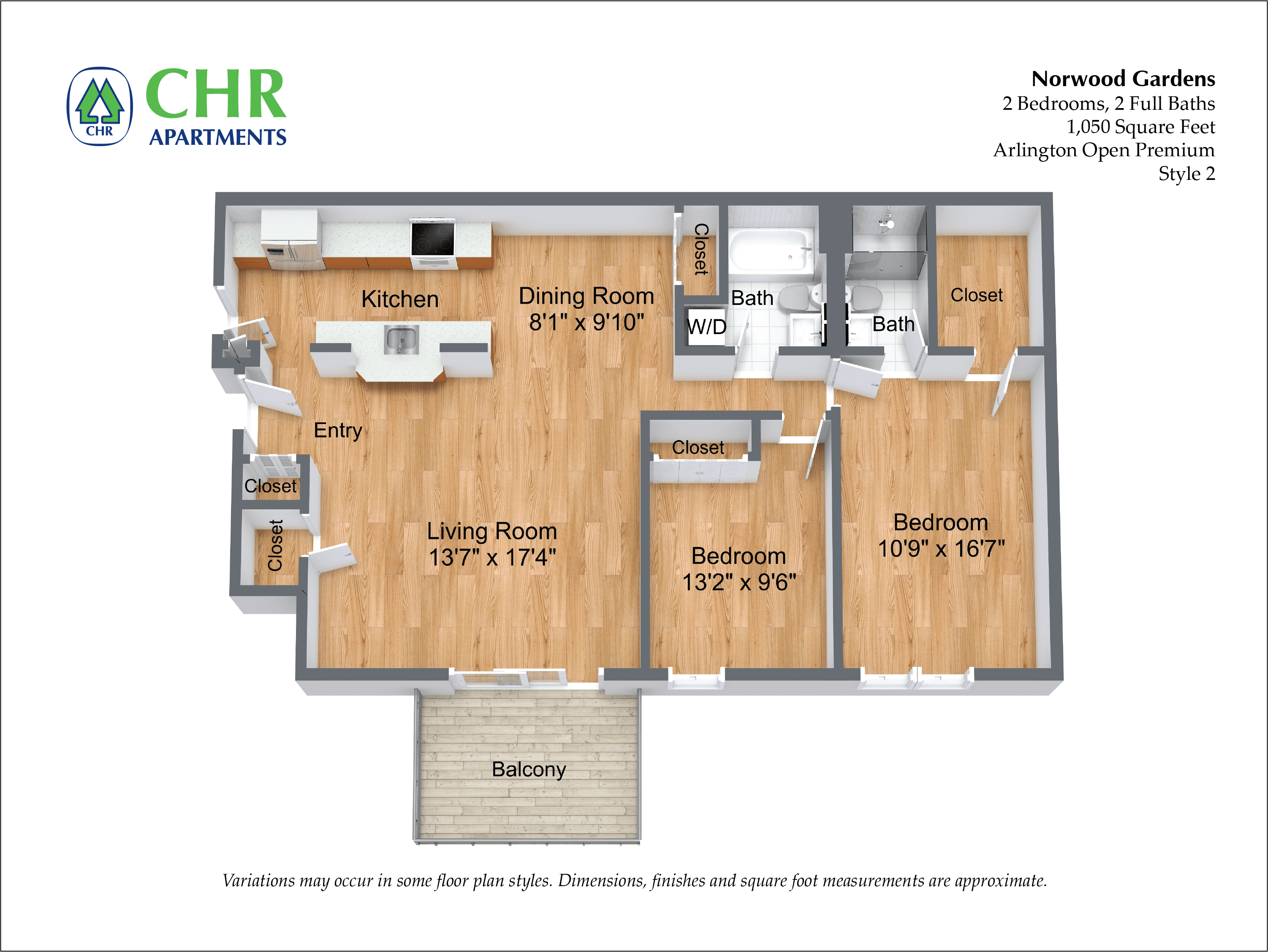 Floor plan for 2 beds, 2 baths, 1050 sqft